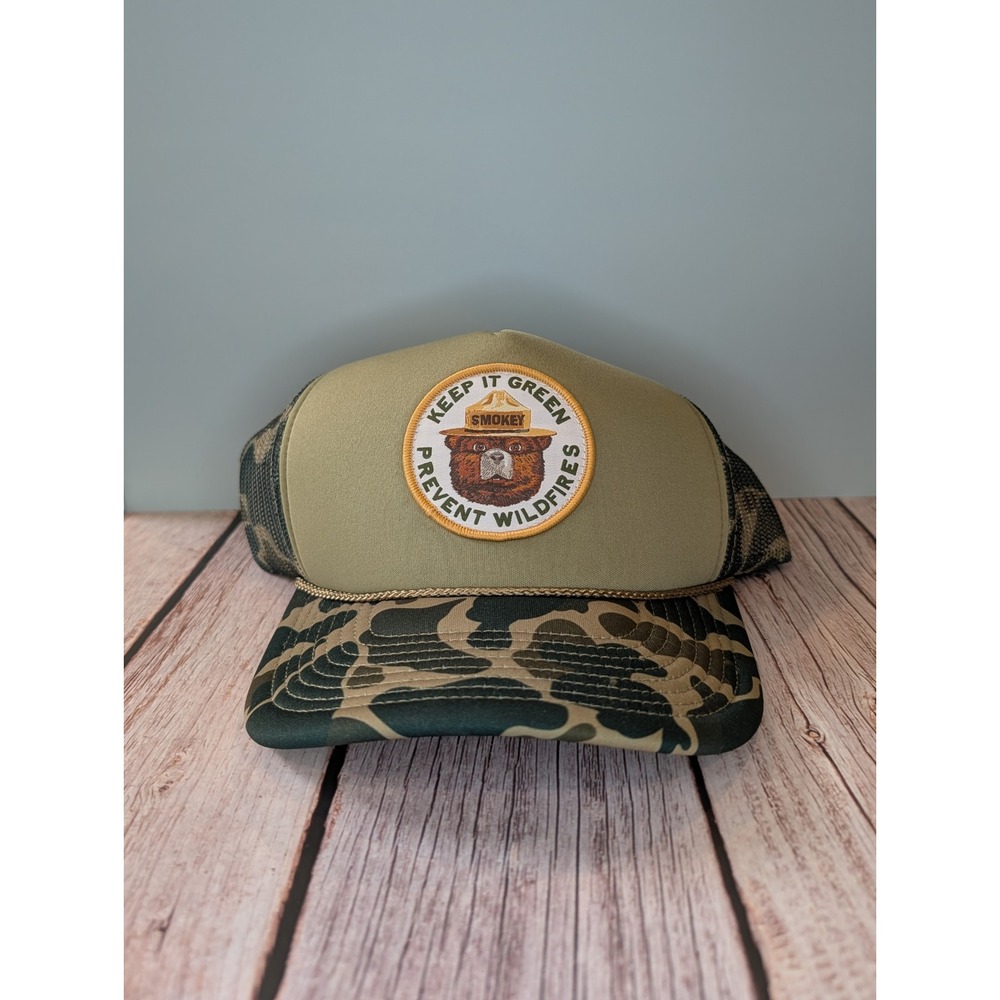 American Needle Smokey Bear Duck Camo Trucker Hat Olive Green Mesh Snapback Cap